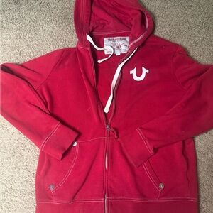 True Religion Red Zip-Up Hoodie with Buddha Logo